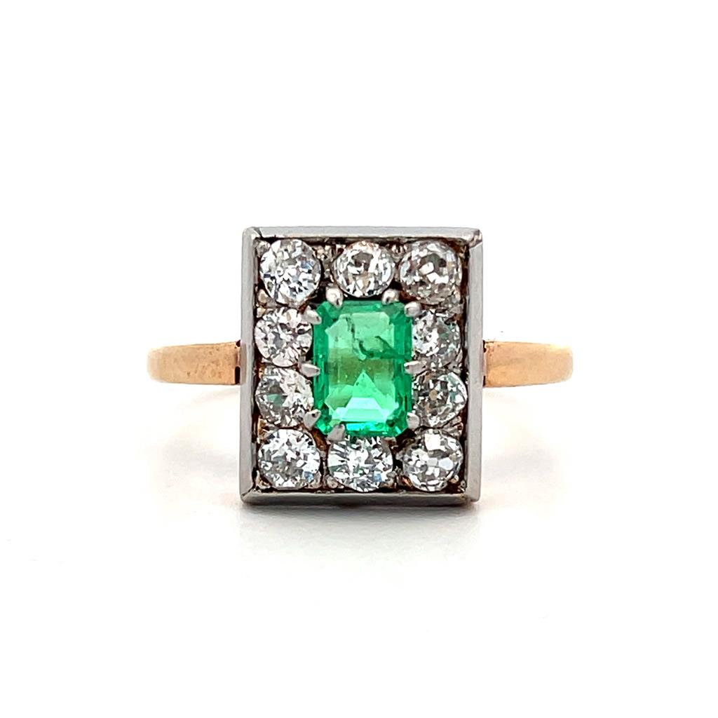 Estate Platinum & 14K Yellow Gold 1.26ctw Emerald Cut Emerald & Diamond Antique Ring