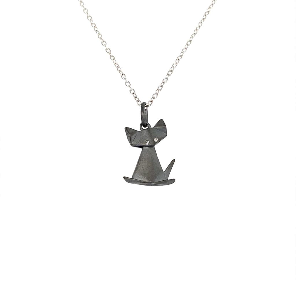 Sterling Silver Black Diamond Origami Cat Necklace