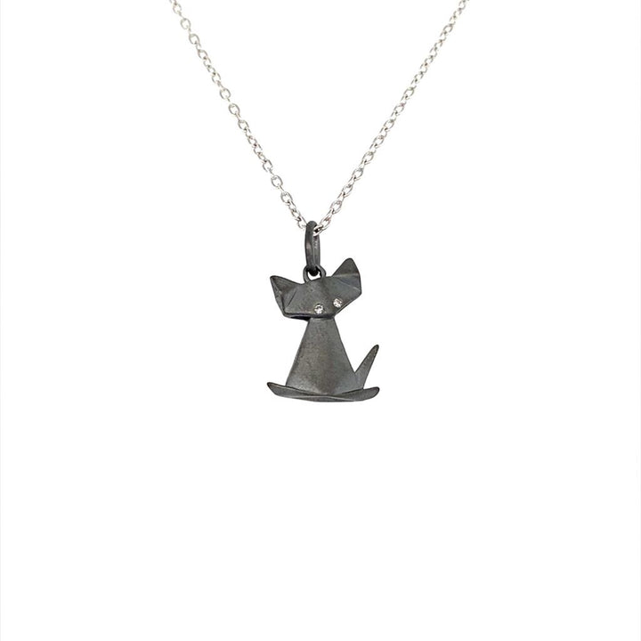 Sterling Silver Black Diamond Origami Cat Necklace