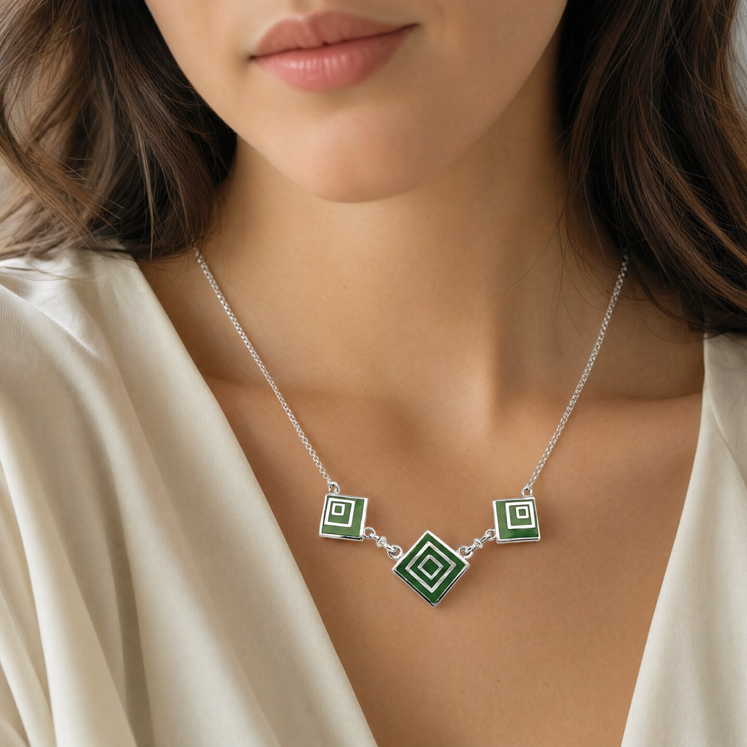 Estate Sterling Silver Green Enamel Square Station Necklace