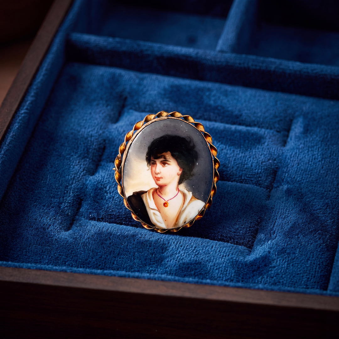 Estate Edwardian Yellow Base Metal "Neapolitan Fisher Boy" Miniature Portrait Brooch