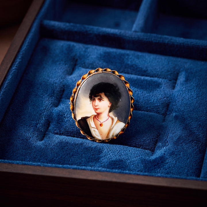 Estate Edwardian Yellow Base Metal "Neapolitan Fisher Boy" Miniature Portrait Brooch