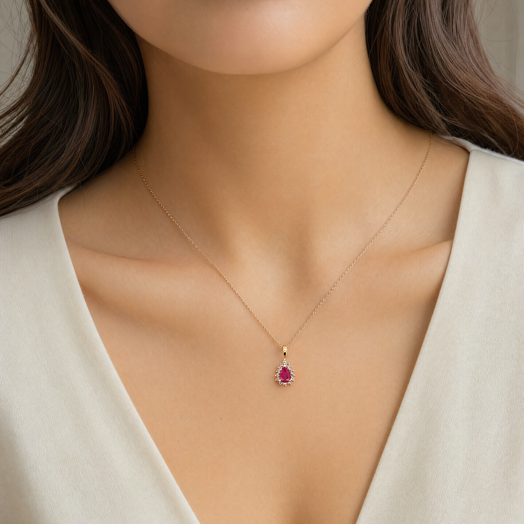 Estate 14K Yellow Gold Pear Cut Ruby & Diamond Halo Pendant