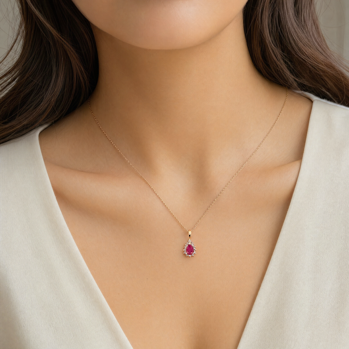 Estate 14K Yellow Gold Pear Cut Ruby & Diamond Halo Pendant