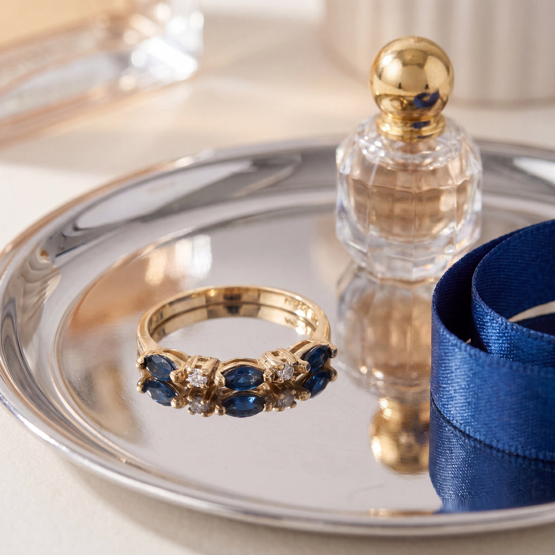 Estate 14K Yellow Gold Marquise Blue Sapphire & Diamond Band Ring