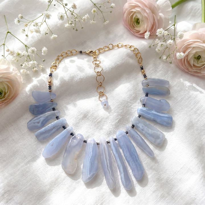 Estate 14K Yellow Gold-Filled Blue Lace Agate Bib Necklace