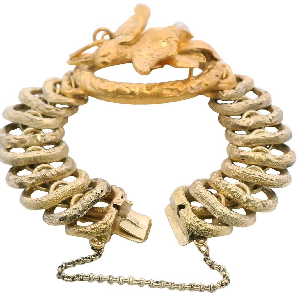 Estate 14K Yellow Gold Natural Pearl Orchid Flower Antique Bracelet
