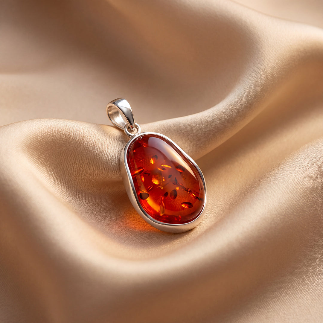 Estate Sterling Silver Freeform Oval Cabochon Amber Pendant