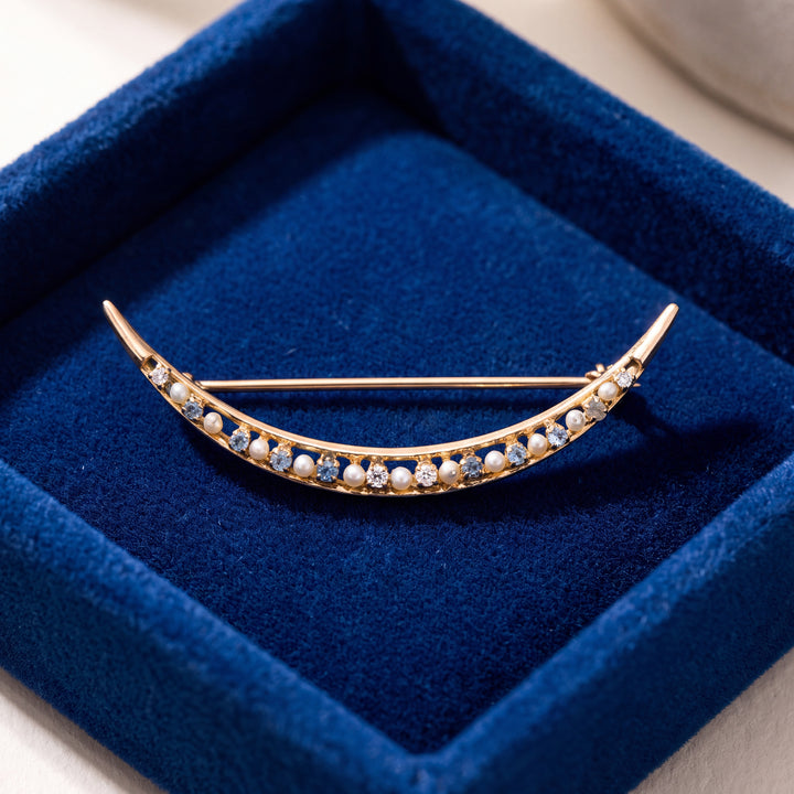 Estate 10KT Yellow Gold Sapphire, Diamond & Pearl Crescent Moon Brooch, Edwardian