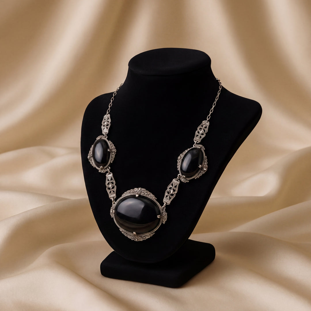 Estate Sterling Silver Black Onyx & Marcasite Art Deco Necklace