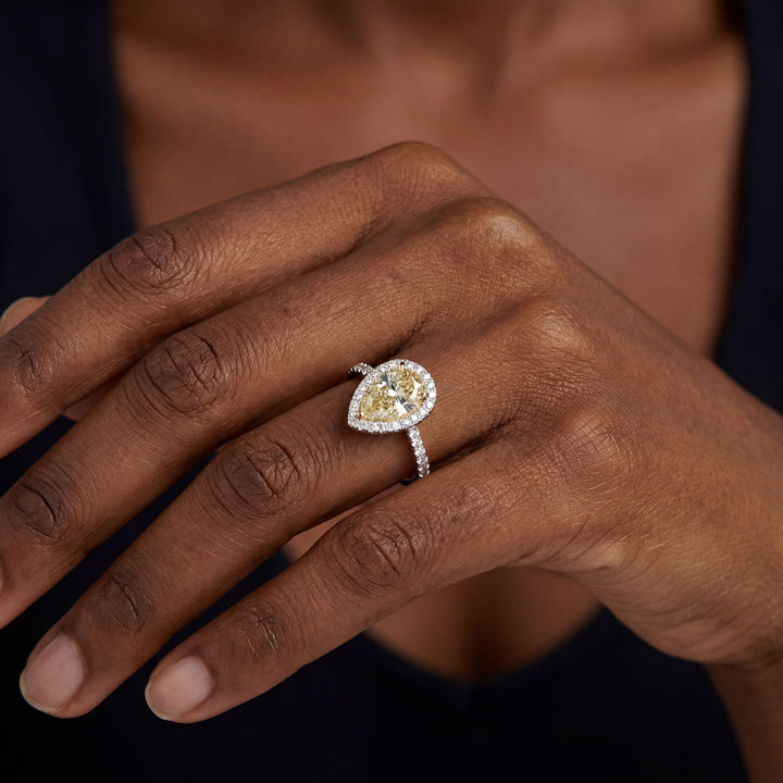 14K Two Tone White Yellow Gold 2.18ct Pear Fancy Light Yellow Diamond Halo Engagement Ring