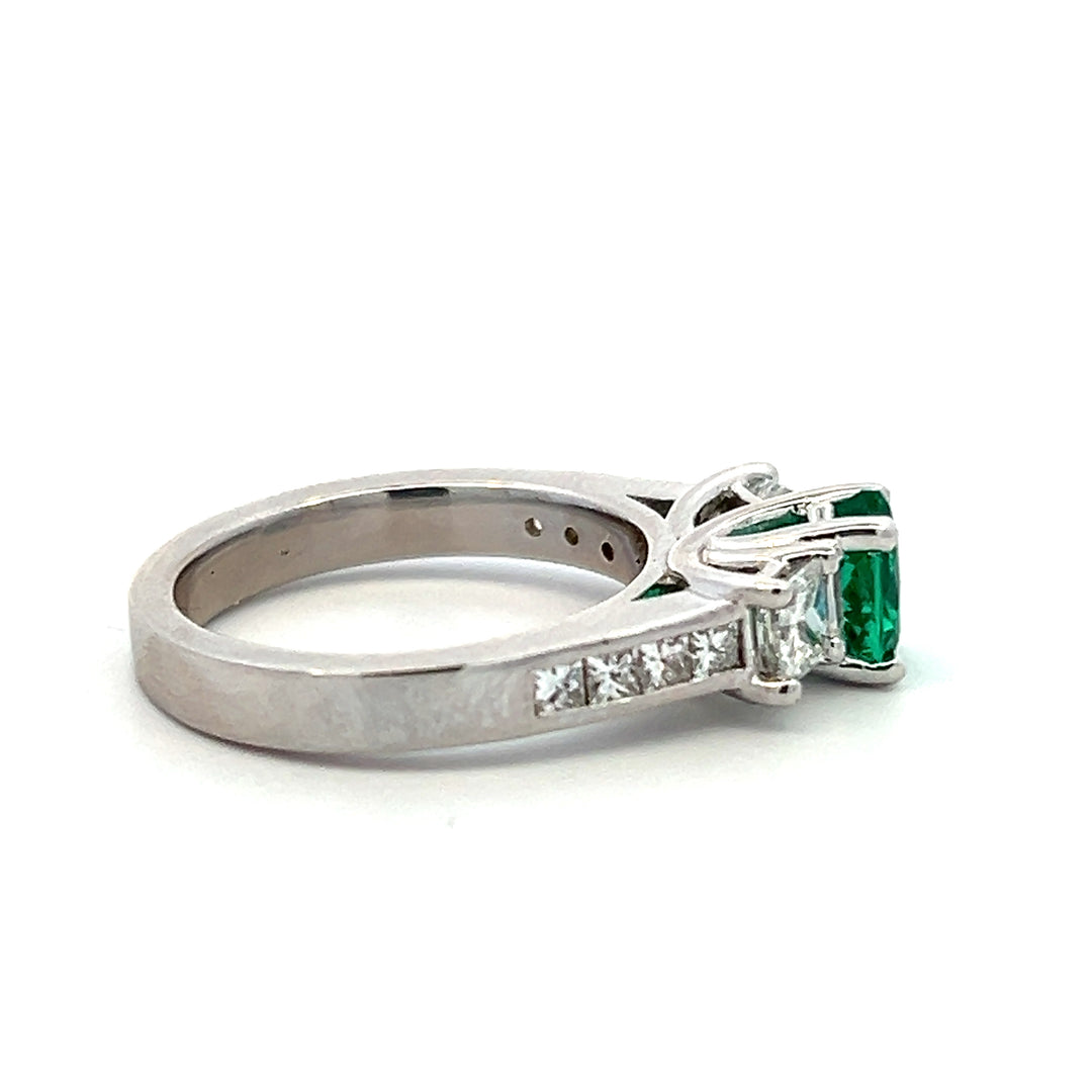 Estate 14K White Gold Lab Created Heart Emerald & Diamond Three Stone Ring