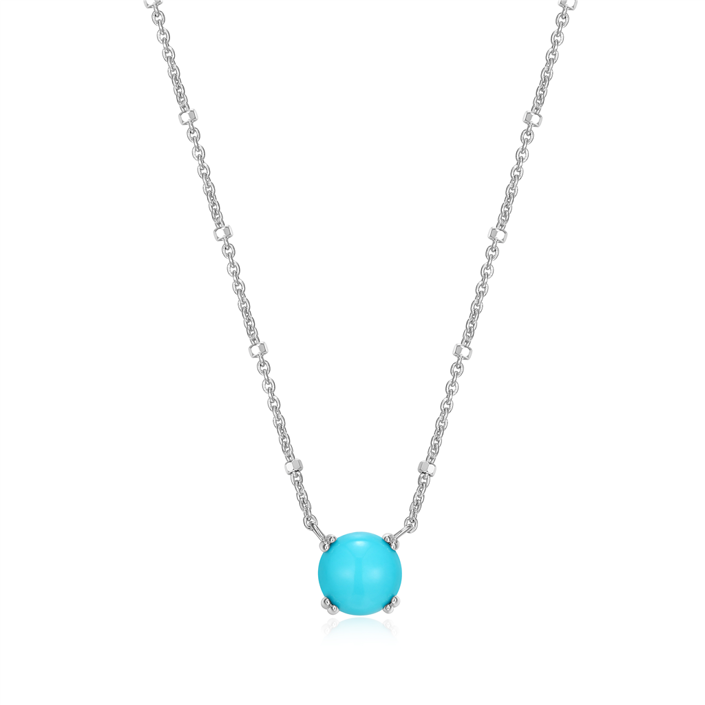 Sterling Silver Rhodium Plated Round Sleeping Beauty Turquoise Sparkle Solitaire with 18" Chain