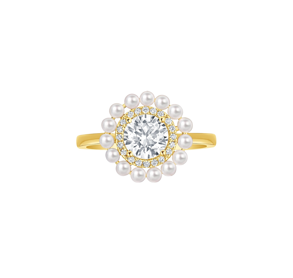 14K Yellow Gold 1.10ctw Round Lab Diamond & Pearl Halo Ring