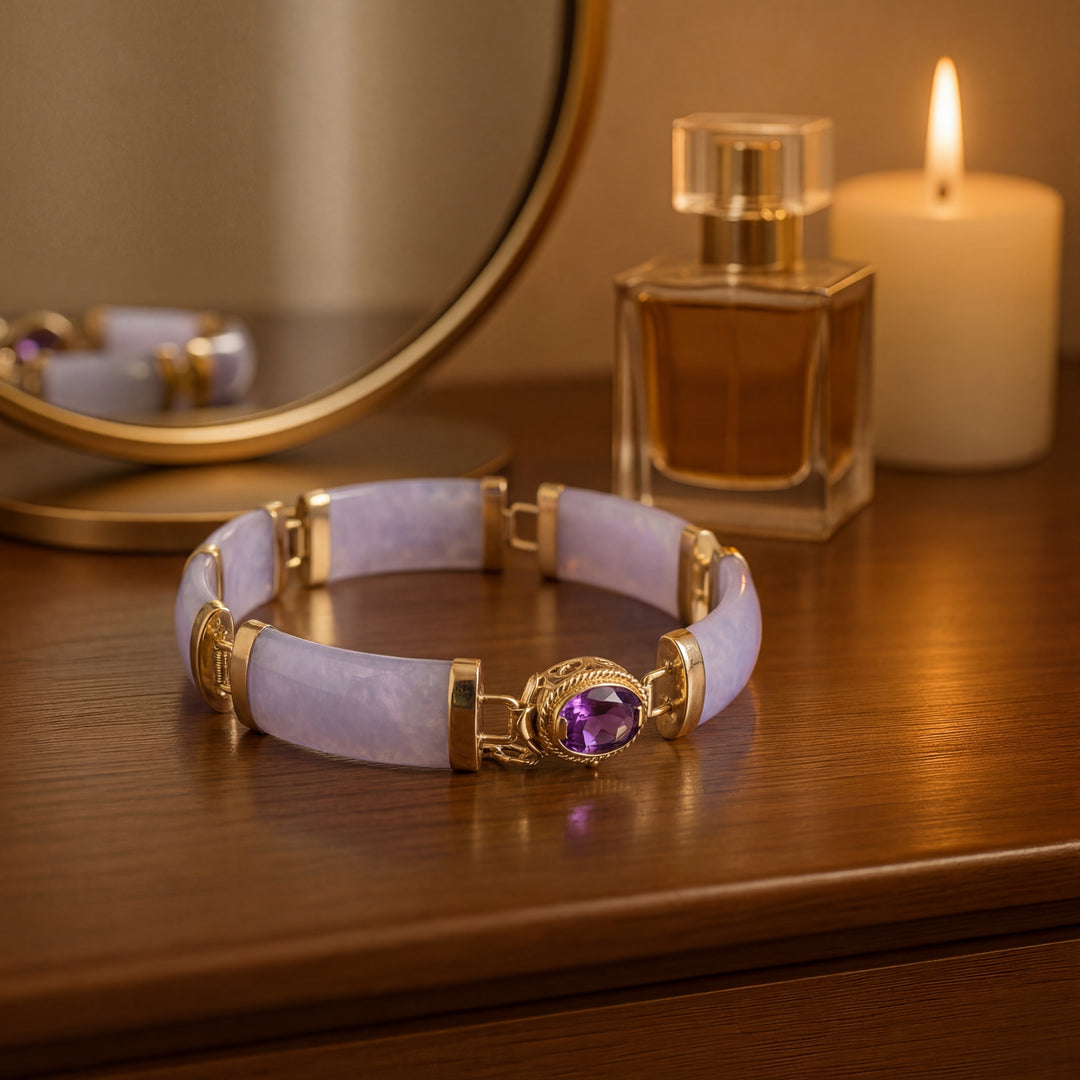 Estate 14K Yellow Gold 0.69CTW Dyed Purple Jadeite & Amethyst Link Bracelet