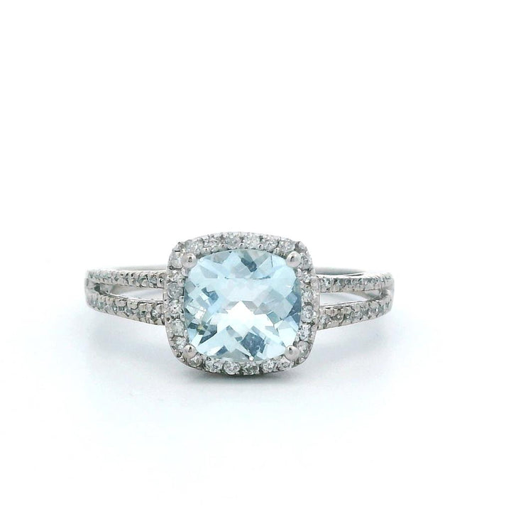 Estate 14K White Gold 1.62ctw Cushion Aquamarine & Diamond Halo Ring