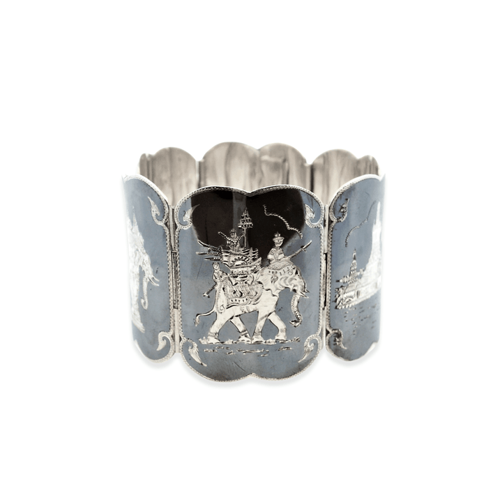 Estate Sterling Silver & Niello Enamel Vintage Thai Art Wide Link Bracelet