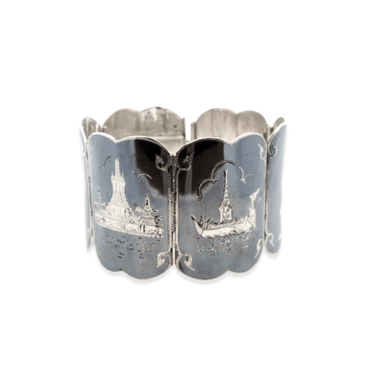 Estate Sterling Silver & Niello Enamel Vintage Thai Art Wide Link Bracelet