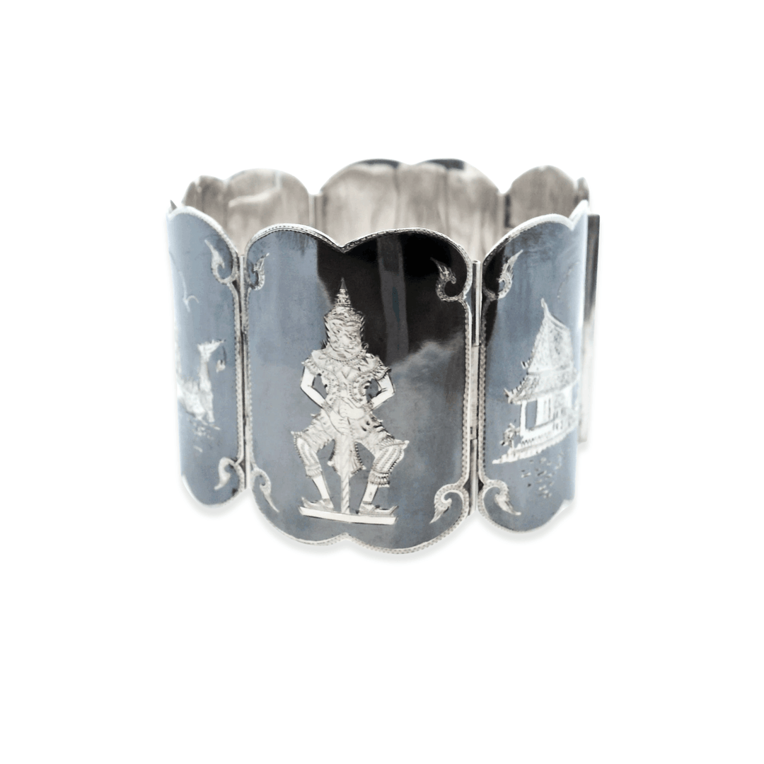 Estate Sterling Silver & Niello Enamel Vintage Thai Art Wide Link Bracelet