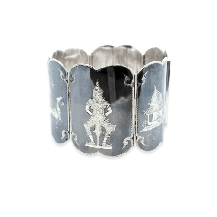 Estate Sterling Silver & Niello Enamel Vintage Thai Art Wide Link Bracelet