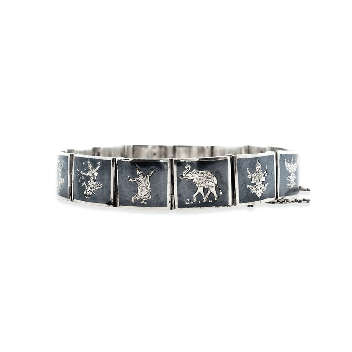 Estate Sterling Silver & Niello Enamel Vintage Thai Art Square Link Bracelet