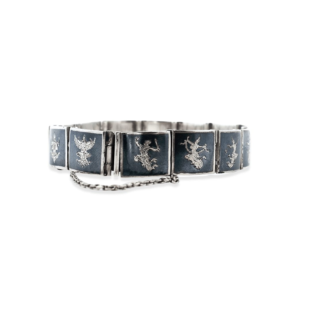 Estate Sterling Silver & Niello Enamel Vintage Thai Art Square Link Bracelet