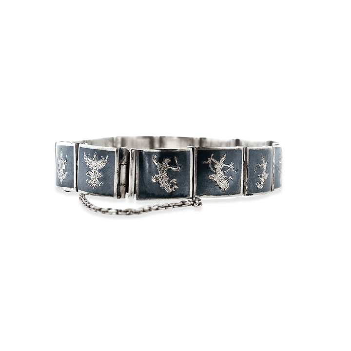 Estate Sterling Silver & Niello Enamel Vintage Thai Art Square Link Bracelet