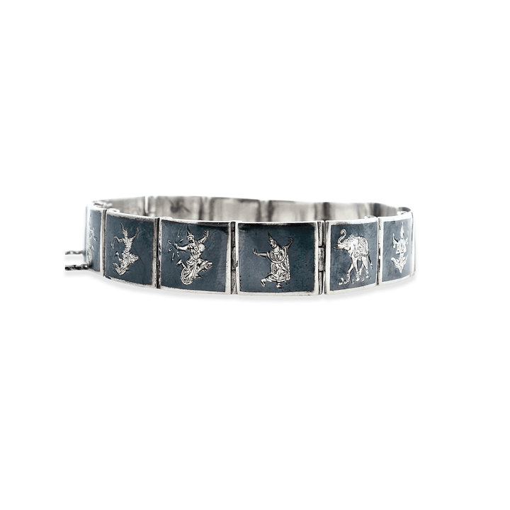 Estate Sterling Silver & Niello Enamel Vintage Thai Art Square Link Bracelet