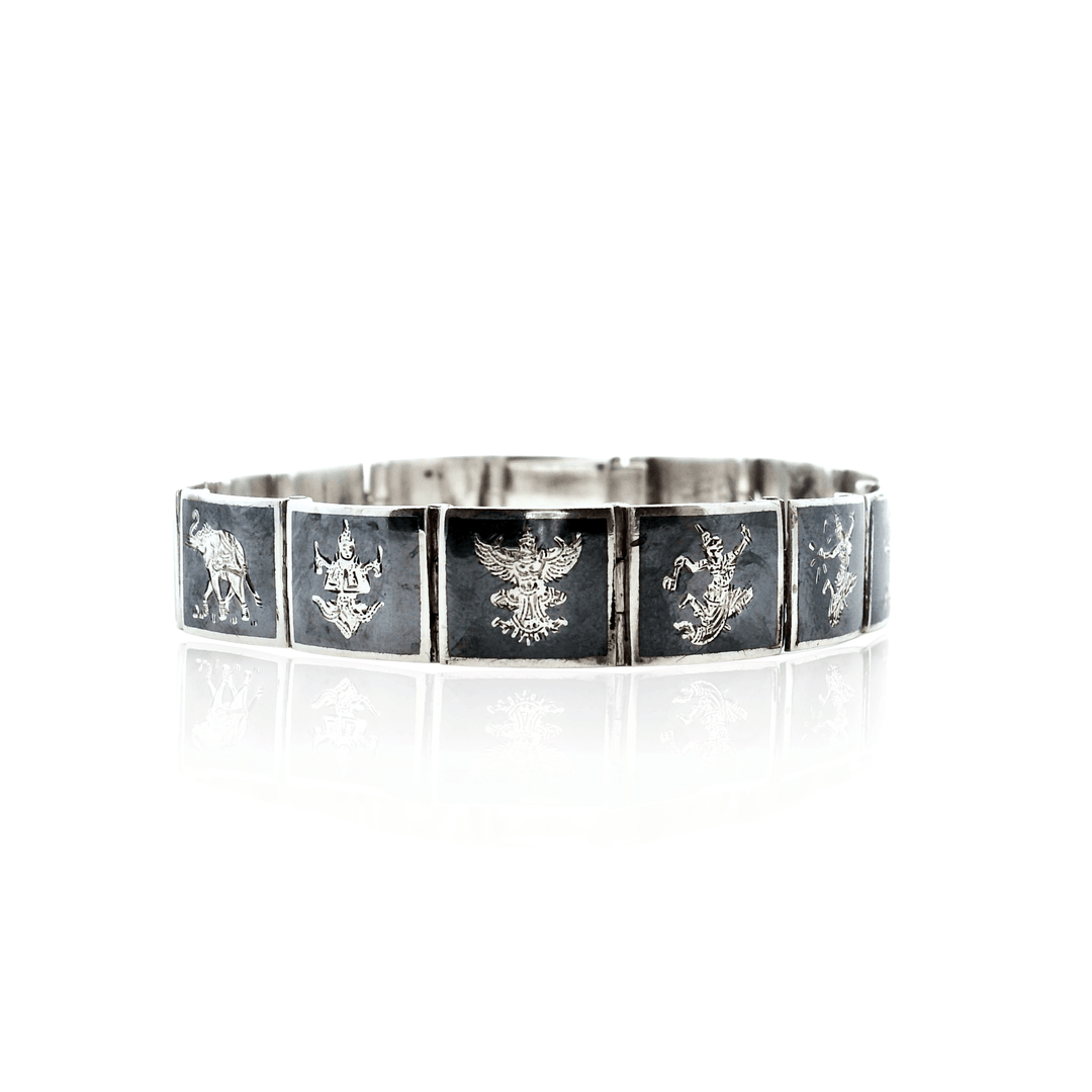 Estate Sterling Silver & Niello Enamel Vintage Thai Art Square Link Bracelet