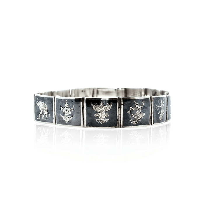 Estate Sterling Silver & Niello Enamel Vintage Thai Art Square Link Bracelet