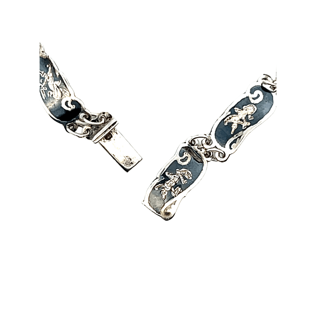 Estate Sterling Silver & Niello Enamel Vintage Thai Art Link Bracelet