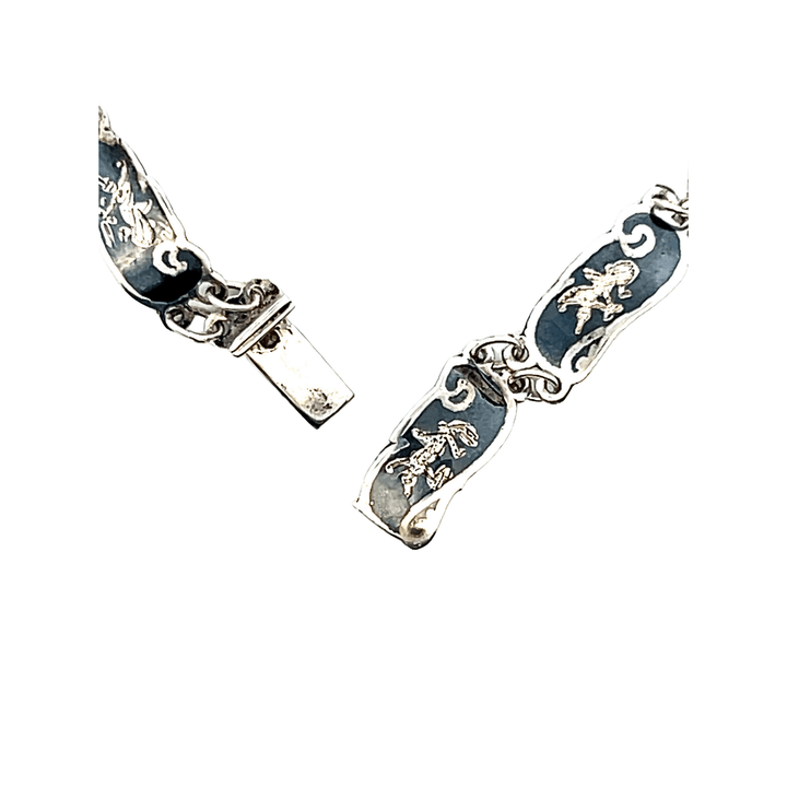 Estate Sterling Silver & Niello Enamel Vintage Thai Art Link Bracelet