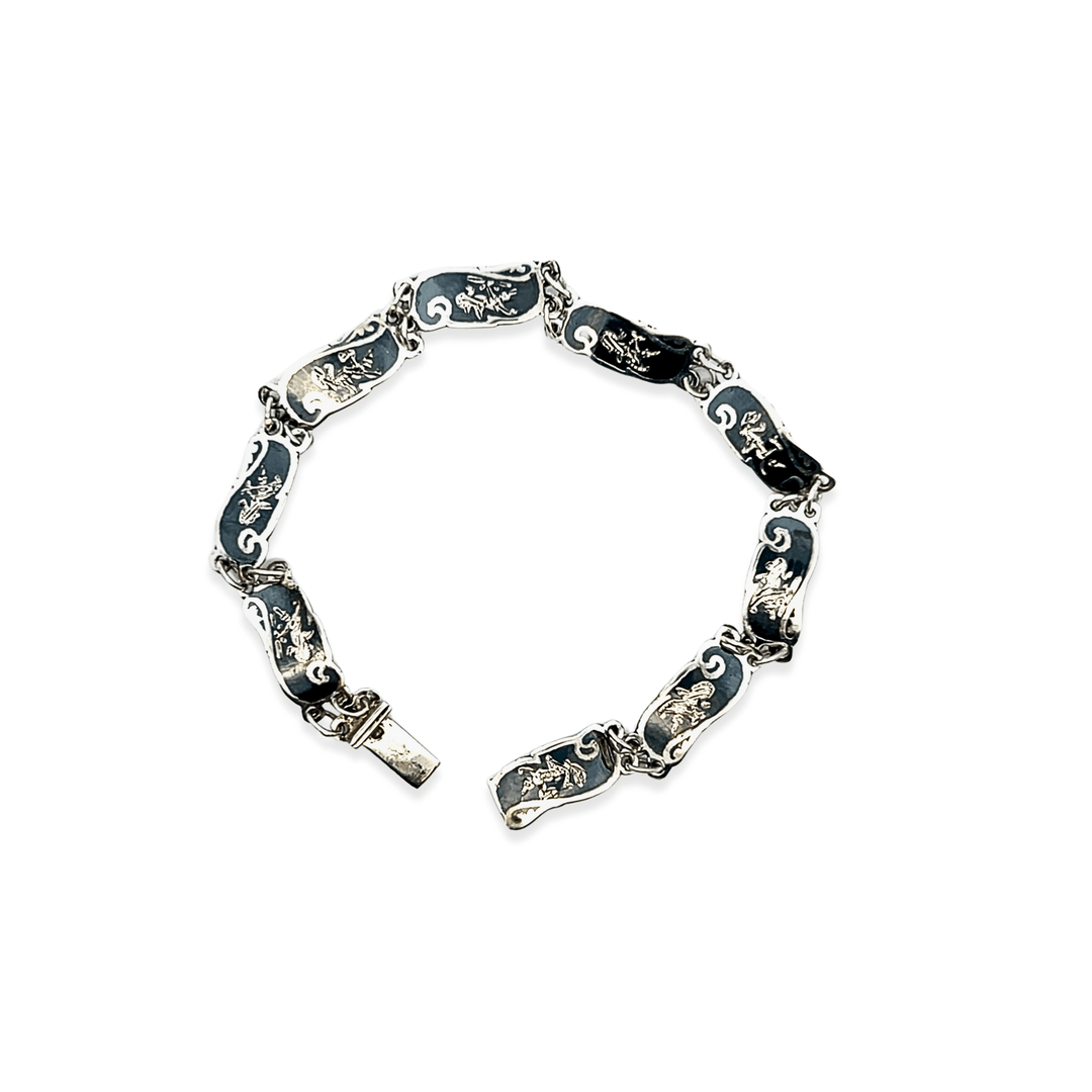 Estate Sterling Silver & Niello Enamel Vintage Thai Art Link Bracelet
