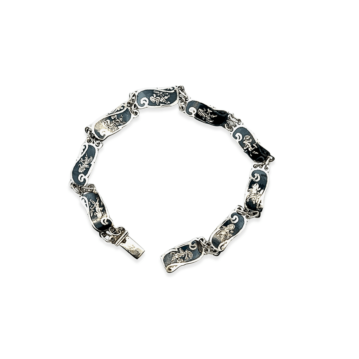 Estate Sterling Silver & Niello Enamel Vintage Thai Art Link Bracelet