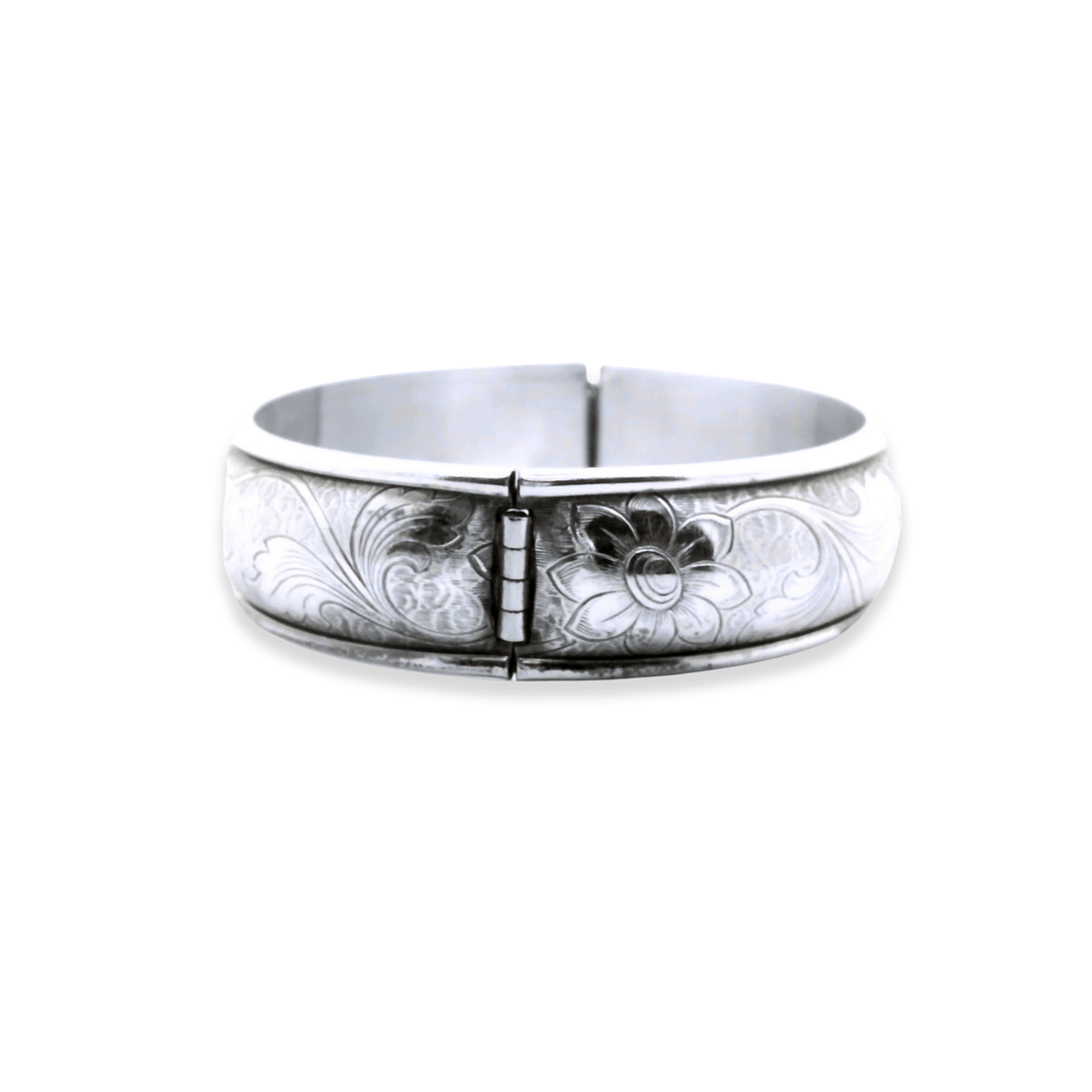 Estate Sterling Silver Engraved Floral Hinged Vintage Bangle Bracelet by Danecraft