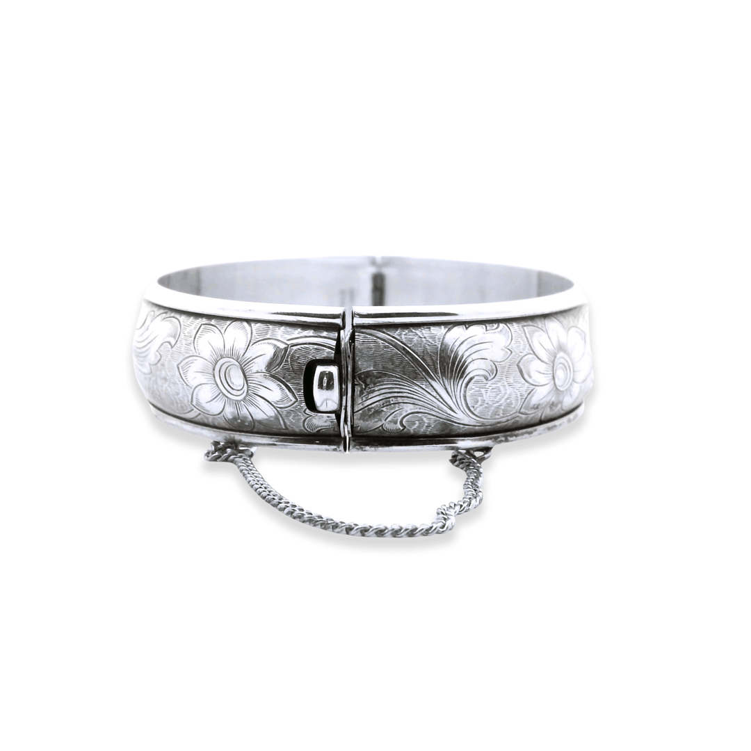 Estate Sterling Silver Engraved Floral Hinged Vintage Bangle Bracelet by Danecraft