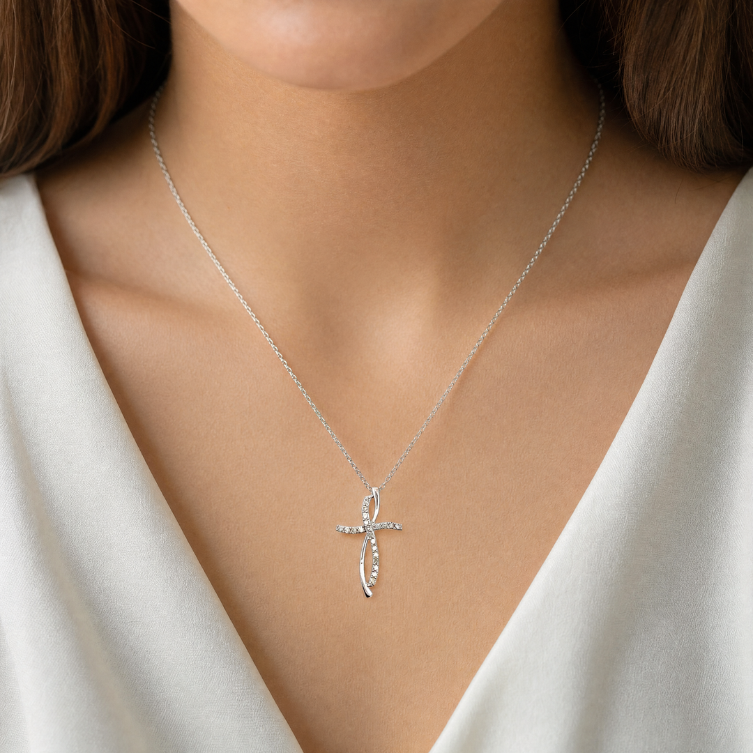 Estate 10K White Gold Diamond Pavé Cross Pendant
