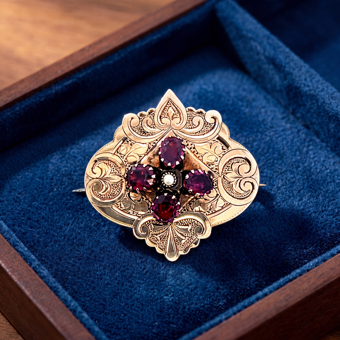 Estate 10K Yellow Gold Antique Victorian Rhodolite Garnet & Seed Pearl Brooch