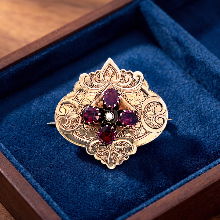 Estate 10K Yellow Gold Antique Victorian Rhodolite Garnet & Seed Pearl Brooch