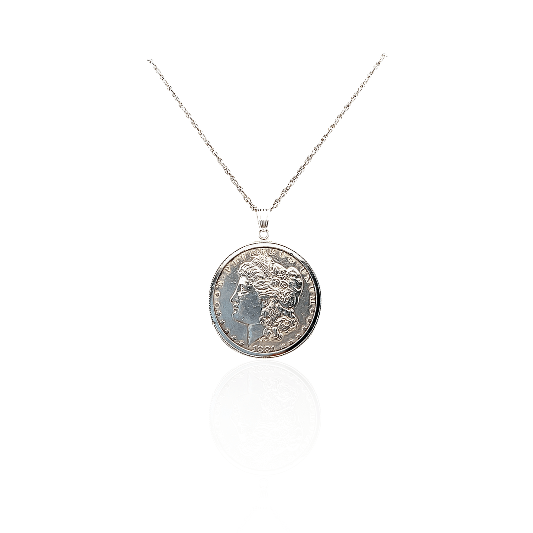 Estate Sterling Silver 1881 Morgan Dollar Coin Pendant Necklace