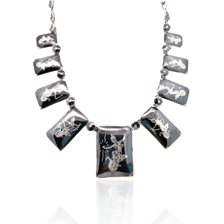 Estate 1960s Sterling Silver Niello Thai Dancer Graduating Link Necklace
