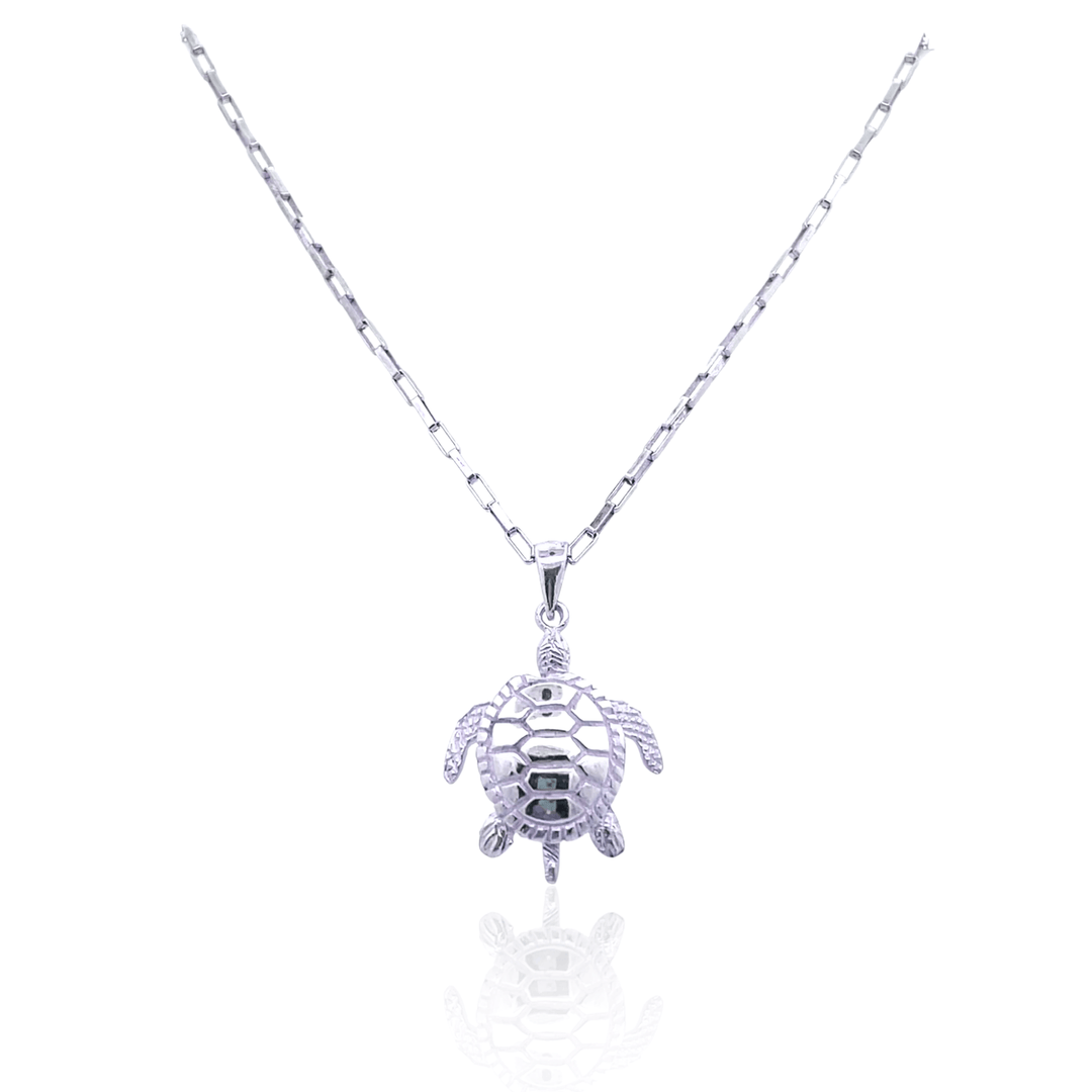 Estate Sterling Silver 3D Turtle Charm Pendant Necklace