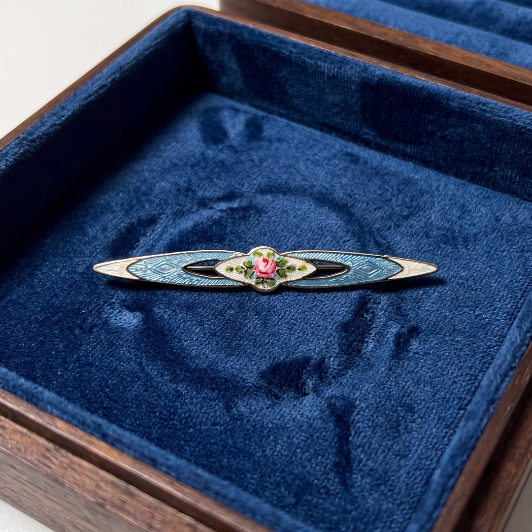 Estate Sterling Silver & Enamel Guilloche Floral Brooch, ca. 1930's