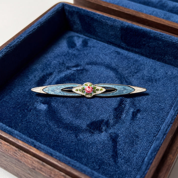 Estate Sterling Silver & Enamel Guilloche Floral Brooch, ca. 1930's