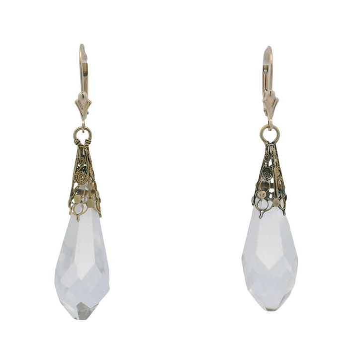 Estate 14K Yellow Gold Rock Crystal Briolette Drop Earrings - Lever Back