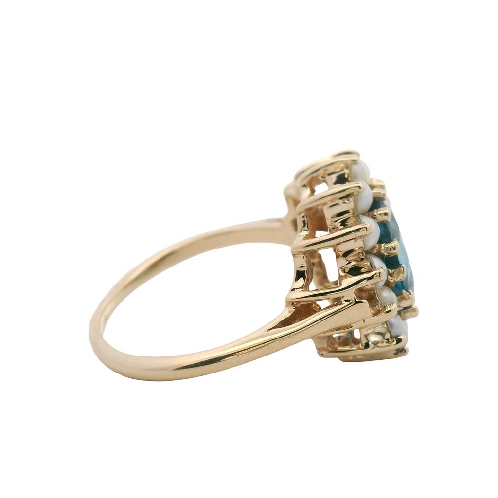 Estate 14K Yellow Gold Blue Topaz Pearl Halo Ring
