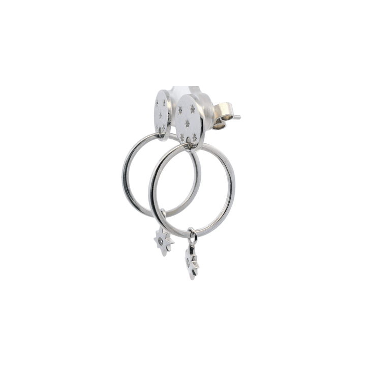 Estate Sterling Silver Cubic Zirconia Celestial Star Drop Hoop Earrings