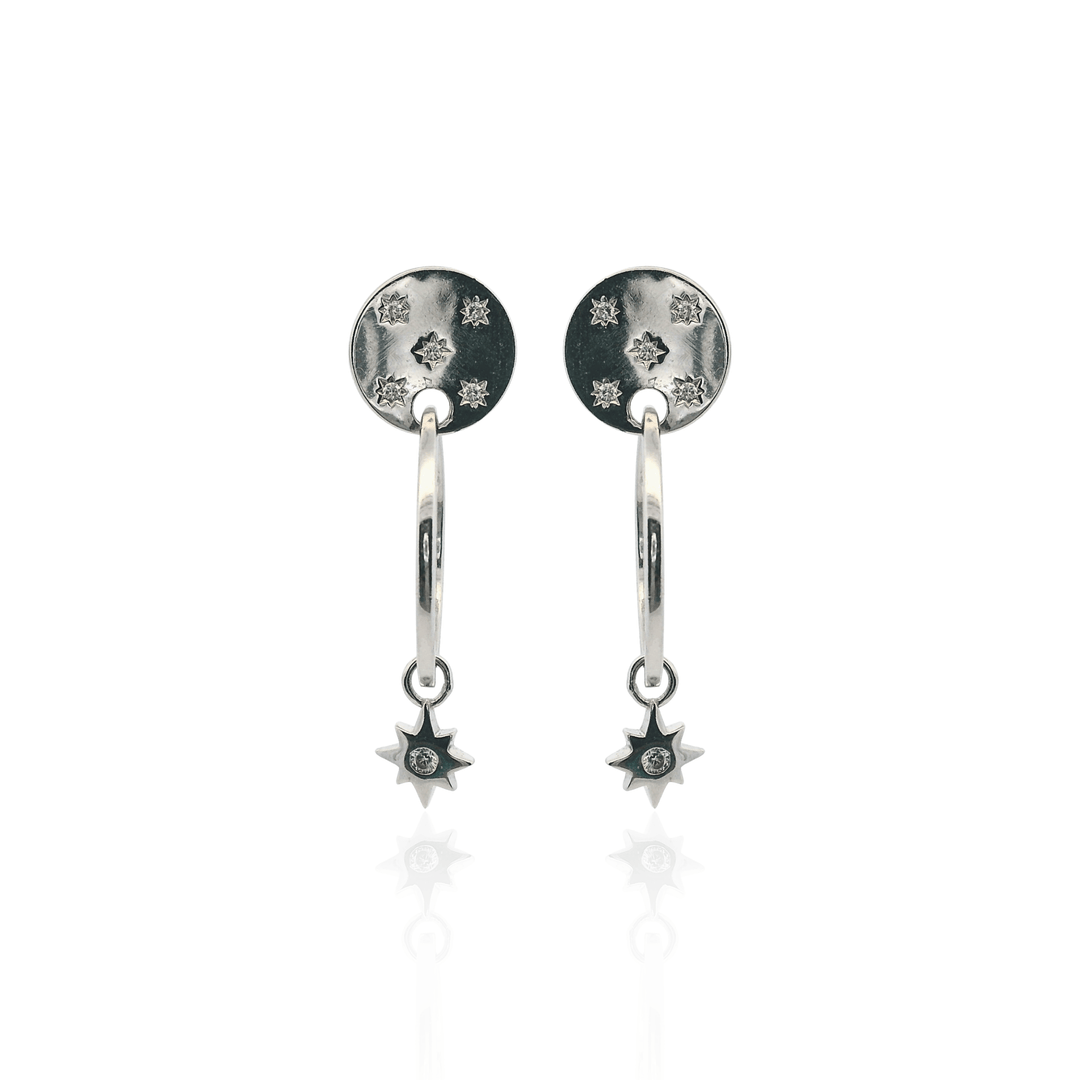 Estate Sterling Silver Cubic Zirconia Celestial Star Drop Hoop Earrings