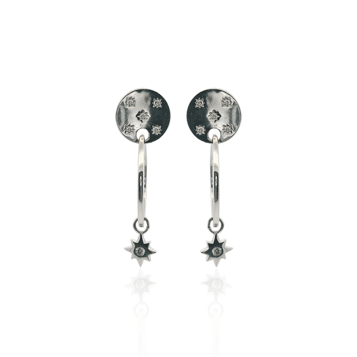 Estate Sterling Silver Cubic Zirconia Celestial Star Drop Hoop Earrings