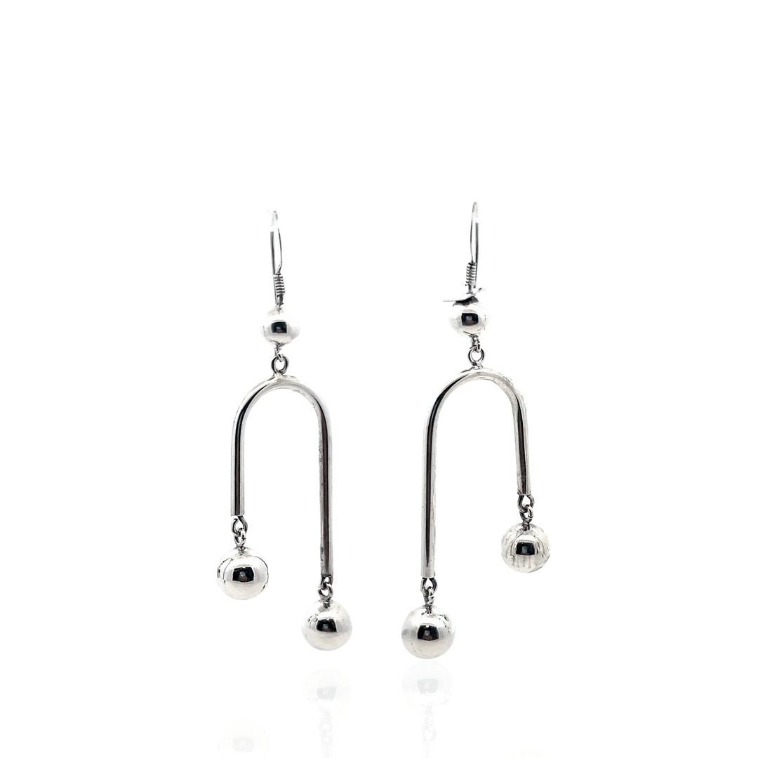 Estate Sterling Silver Geometric Wire & Bead Drop Earrings
